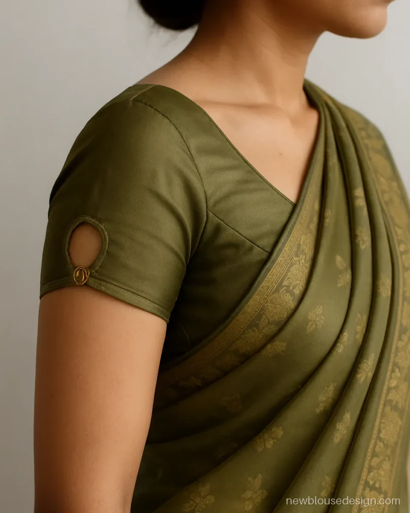 Shoulder cut sleeves blouse design in olive silk with a round cut-out and gold ring