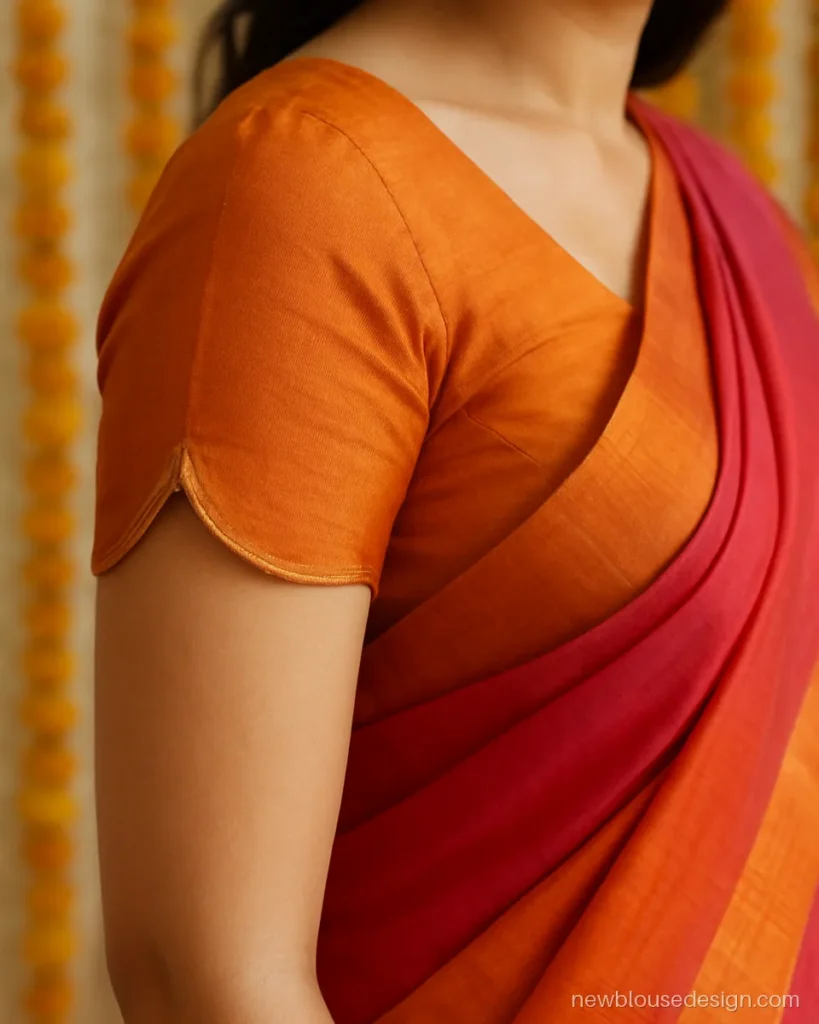 Orange cotton silk blouse sleeve with a petal curve cut up on the outer side