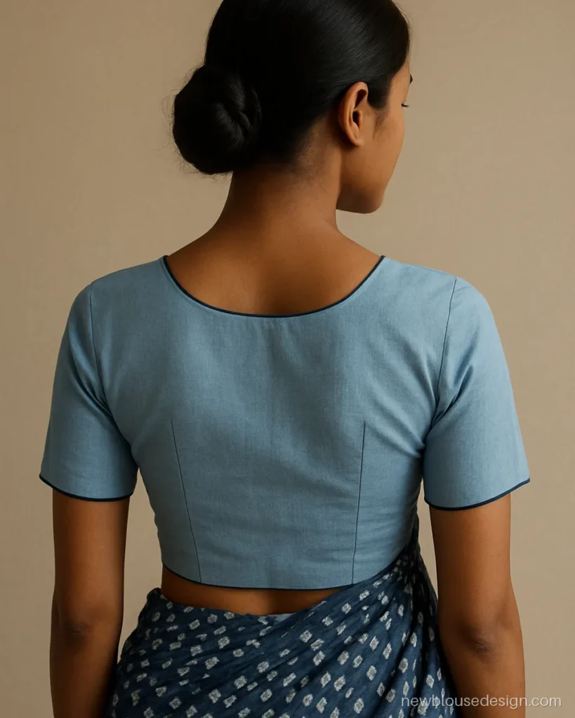 Simple cut sleeve blouse back design in sky blue cotton with short straight sleeves
