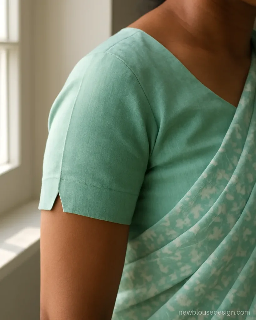 Mint cotton blouse sleeve with a small V notch cut at the outer hem