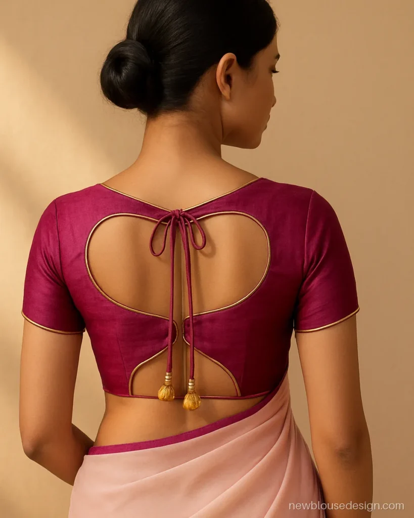 Butterfly blouse design back side in magenta silk with two wing cut-outs and a centre dori
