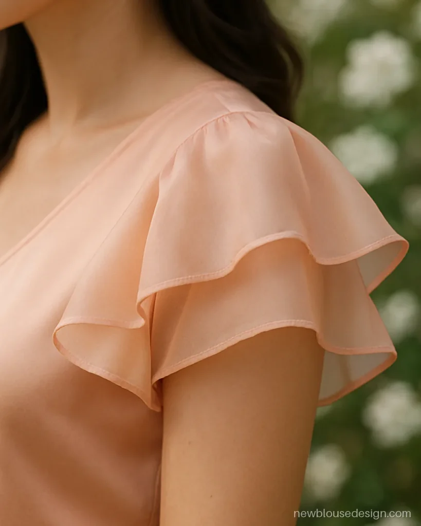 Ruffle butterfly sleeve blouse design in peach organza with a soft layered flutter