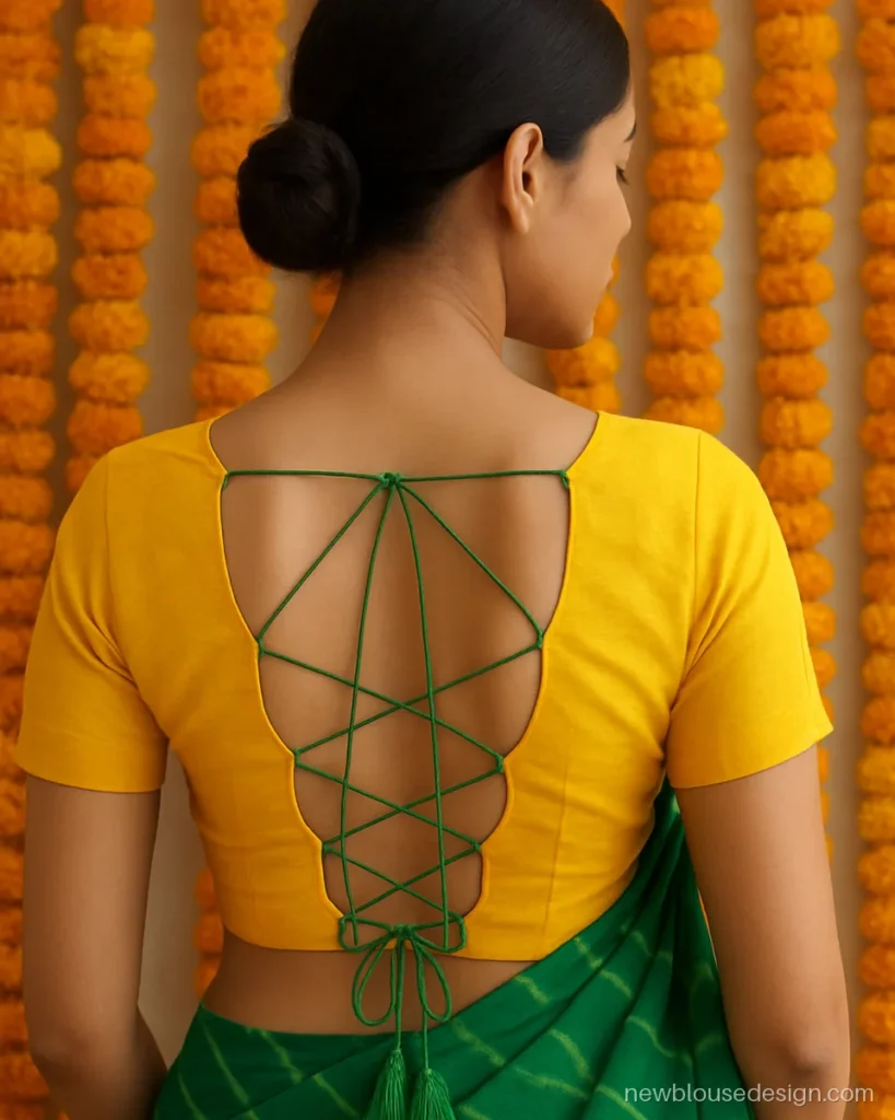 Yellow blouse with criss cross dori lacing through loops on the back