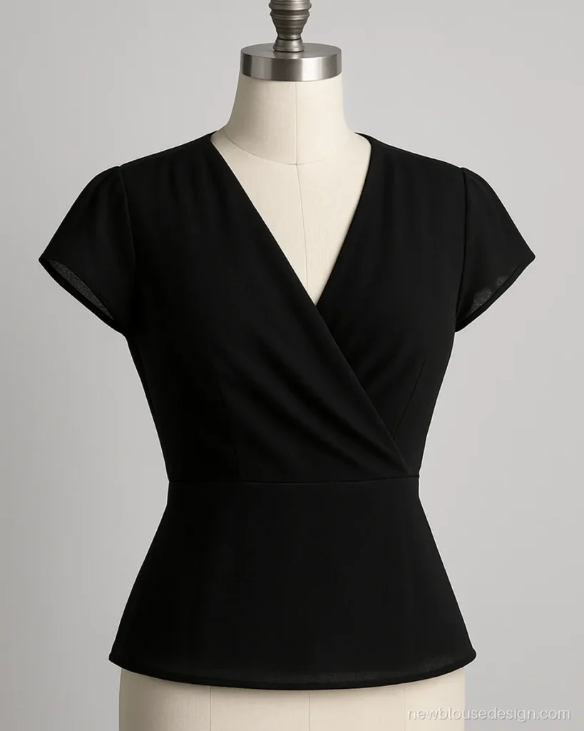 Black blouse with criss cross wrap front and cap sleeves on a dress form