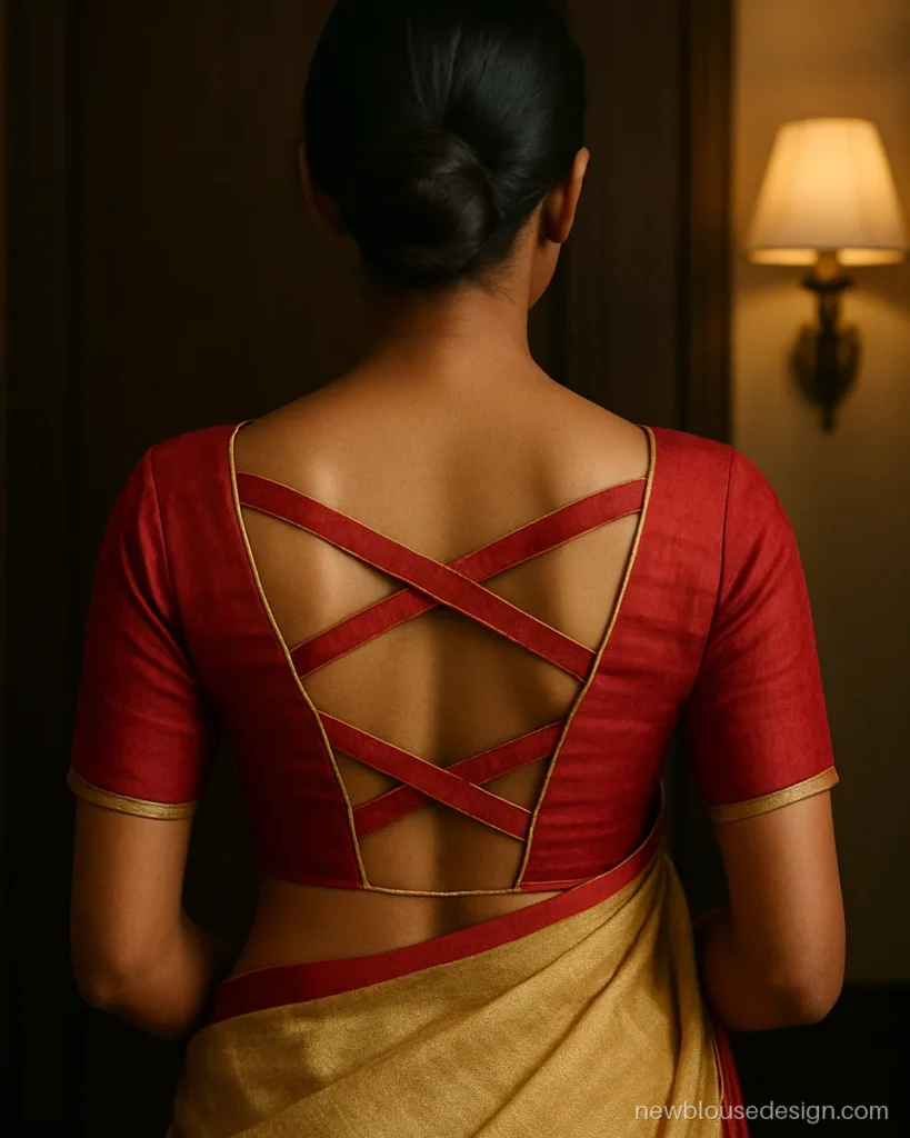 Criss cross blouse design back in red with three crossing fabric straps