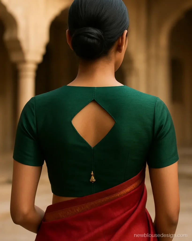 Diamond blouse design with a diamond cut-out on a bottle green back and latkan