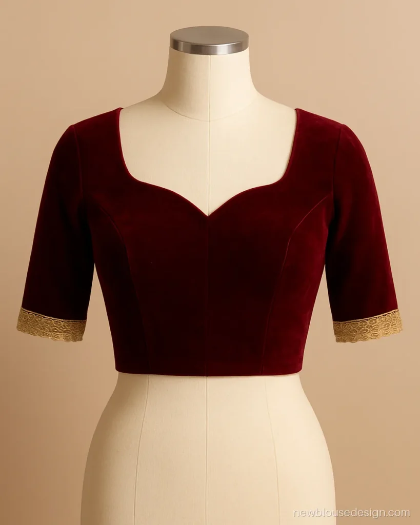 Heart neck blouse design front in maroon with a deep sweetheart curve