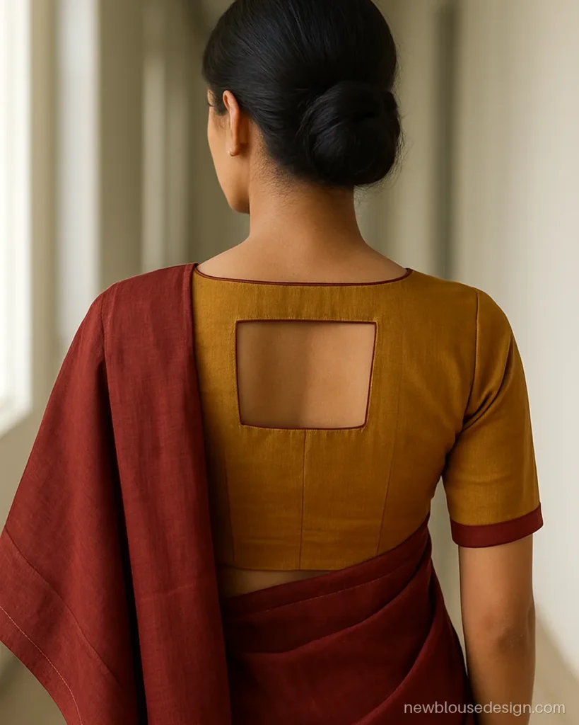 Window blouse design in mustard cotton silk with a square cut-out and piping