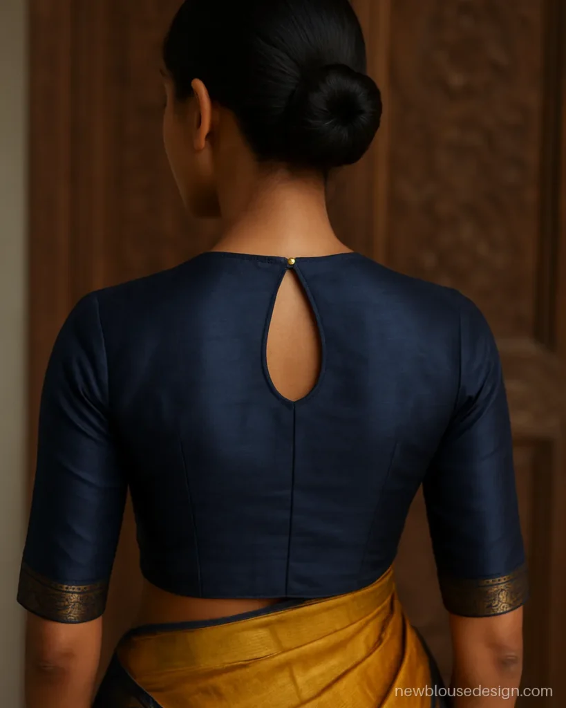 Key hole blouse design with a teardrop opening on a navy silk back