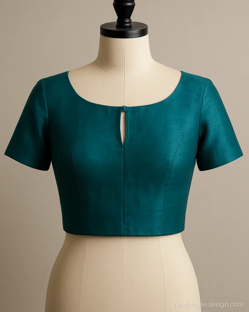Teal boat neck blouse front with a small keyhole and button closure