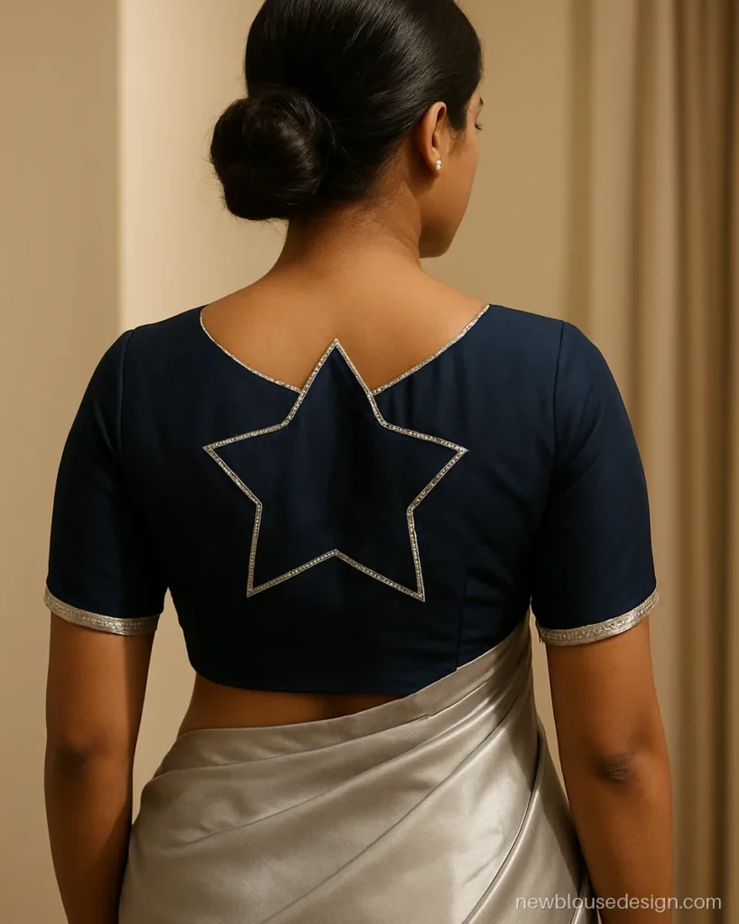 Star neck blouse design with a five point star shaped back neck and sequin edge