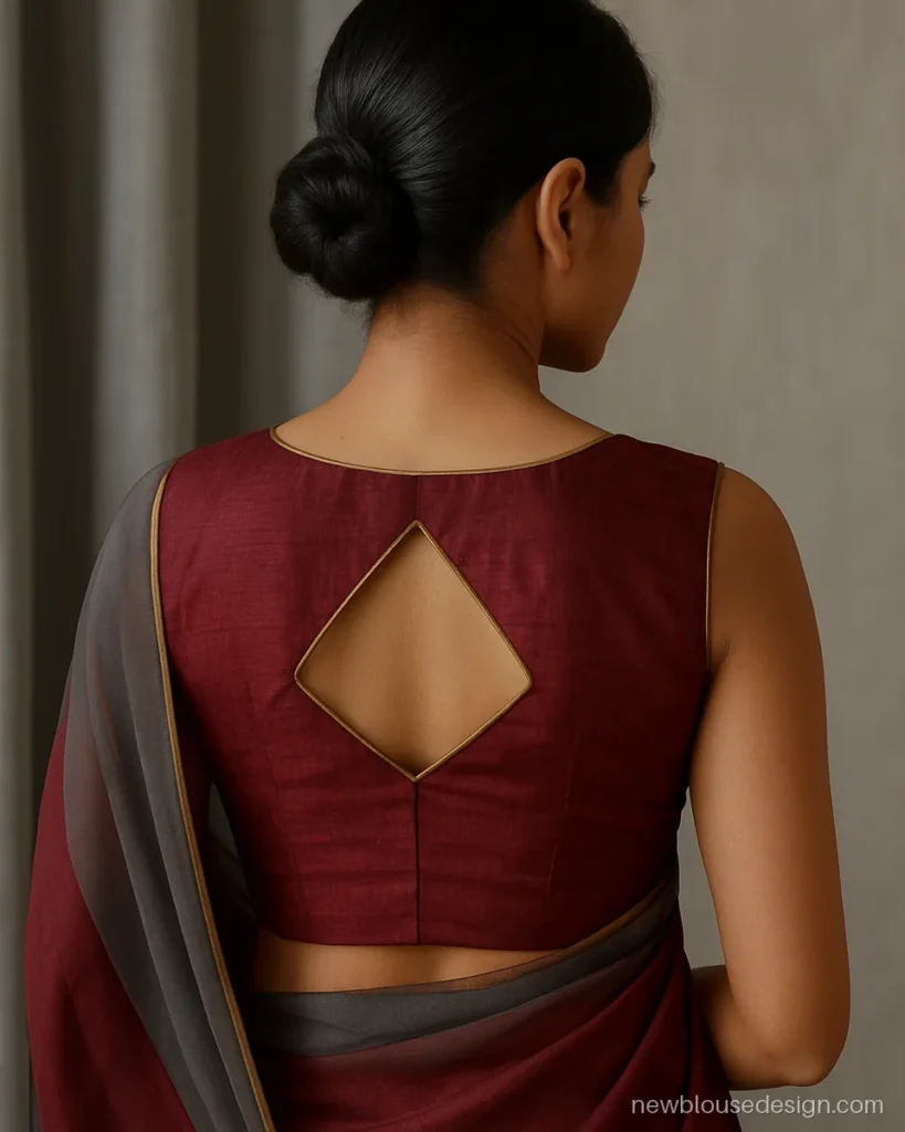 Triangle back blouse design in wine silk with an inverted triangle cut-out