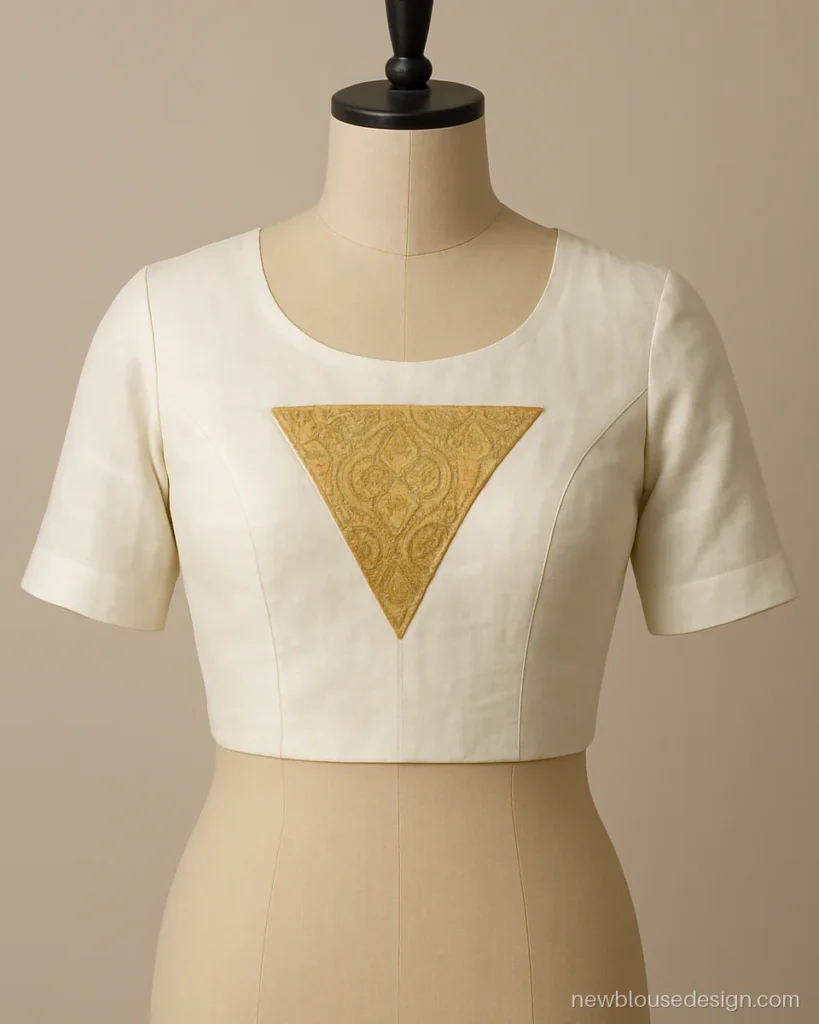 Modern triangle blouse design front with a triangle panel in white and gold
