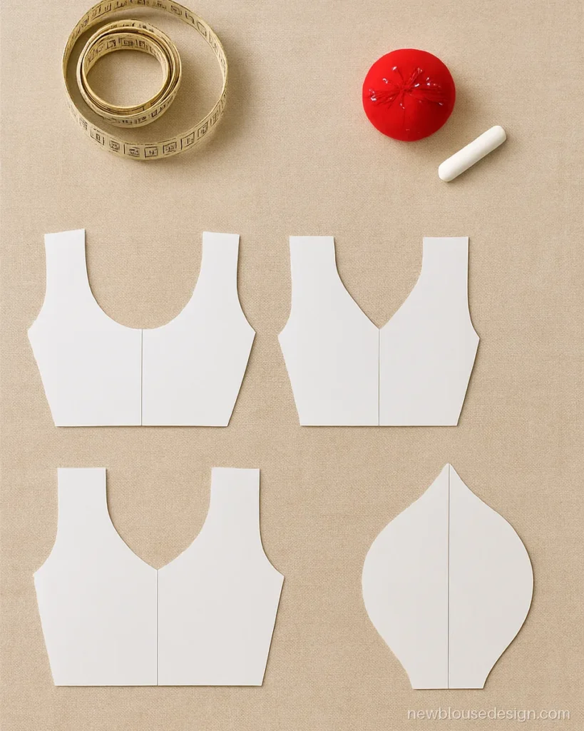 Paper templates of blouse back neck shapes in U, V, square and leaf cuts