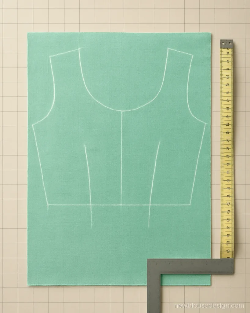 Mint green cotton blouse front marked with chalk lines showing darts and armhole curve