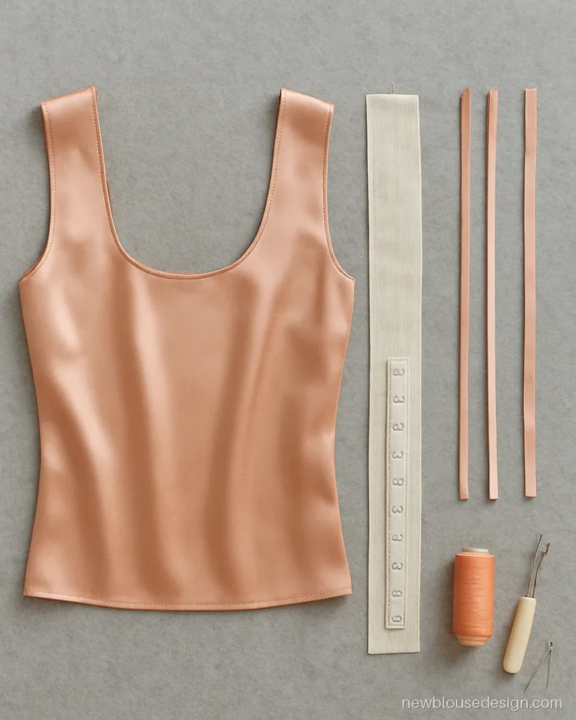 Peach satin blouse back panel with cotton lining, hooks and bias piping strips