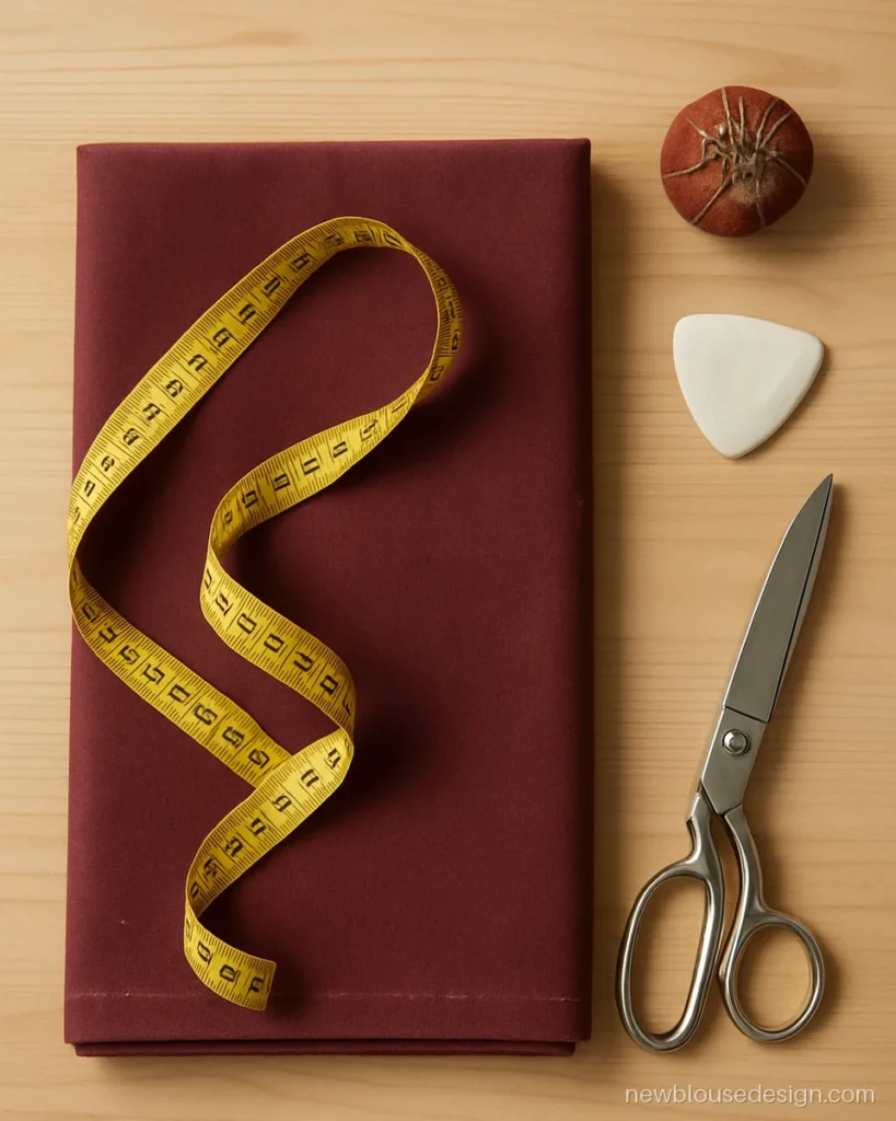 Maroon cotton blouse fabric folded on a table with measuring tape and tailor chalk