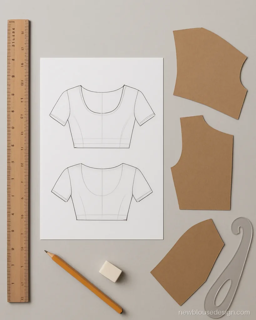 Hand drawn blouse sketch and brown paper pattern pieces with pencil and ruler