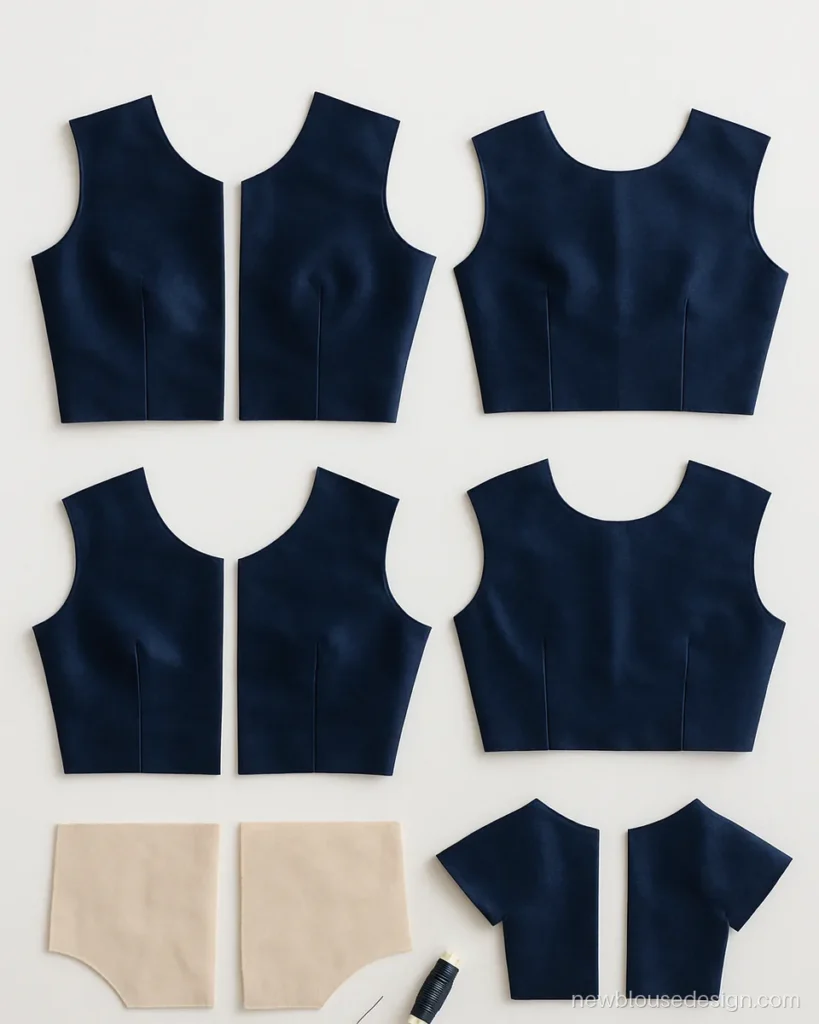 Navy blue silk princess cut blouse panels laid out with matching cotton lining