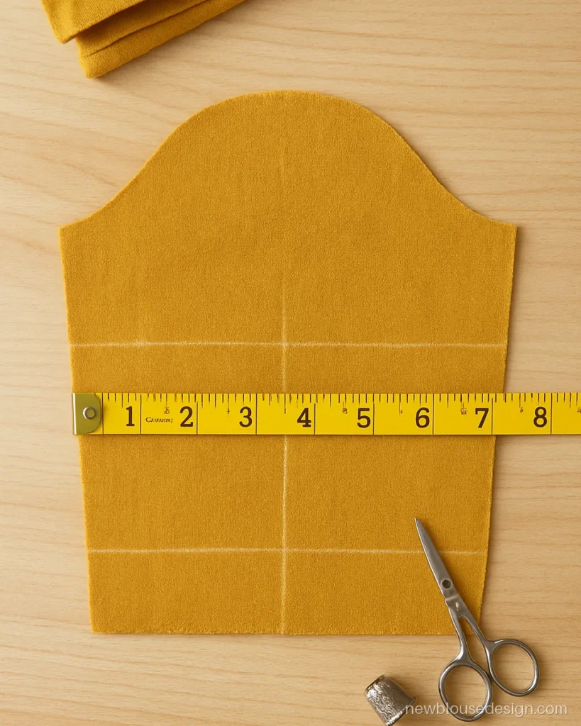 Mustard cotton blouse sleeve cut with chalk cap curve and measuring tape across it