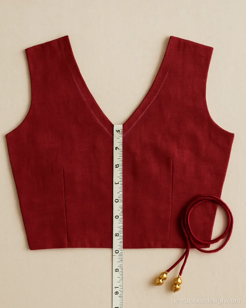 Red silk blouse back panel cut in a V shape with chalk outline and dori