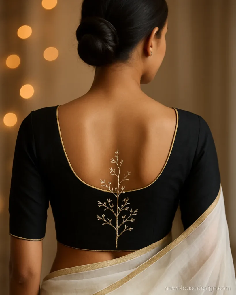 Black georgette blouse back with a thread work tree branch climbing the spine