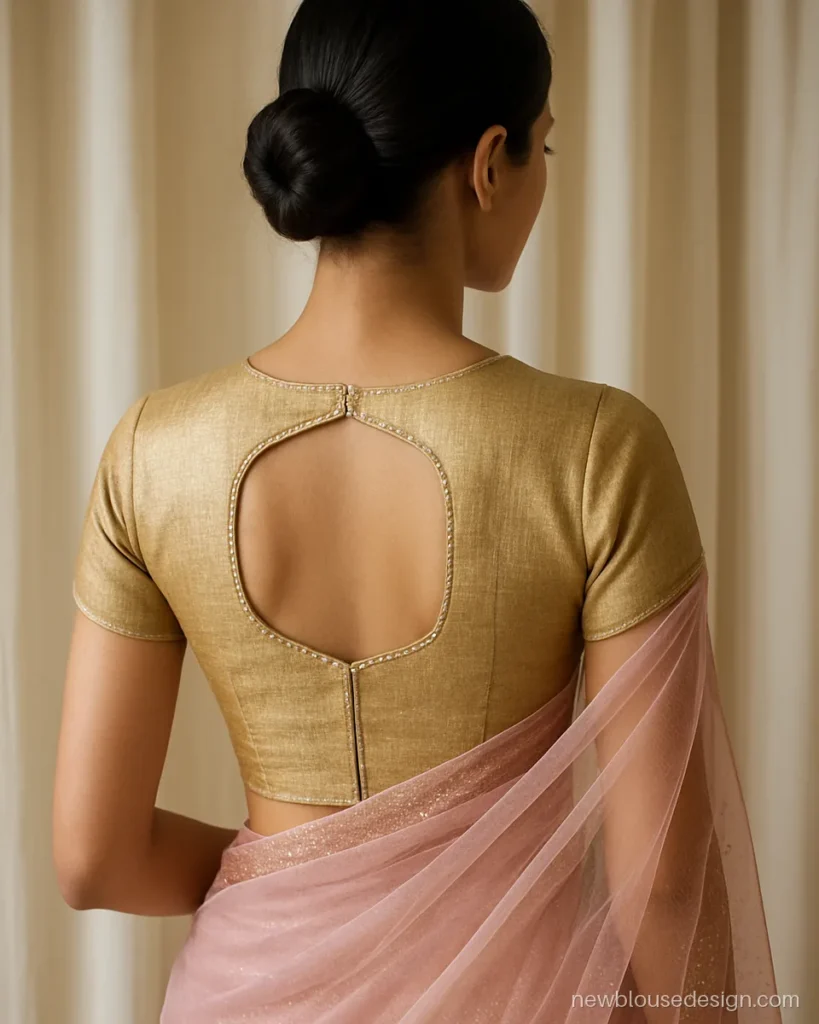 Gold tissue designer blouse back with a cutwork window and pearl edge
