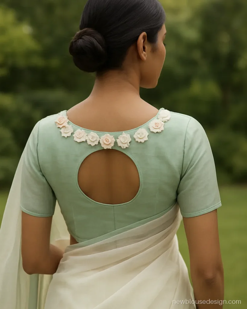 Mint organza blouse back with 3D fabric flowers around the neckline
