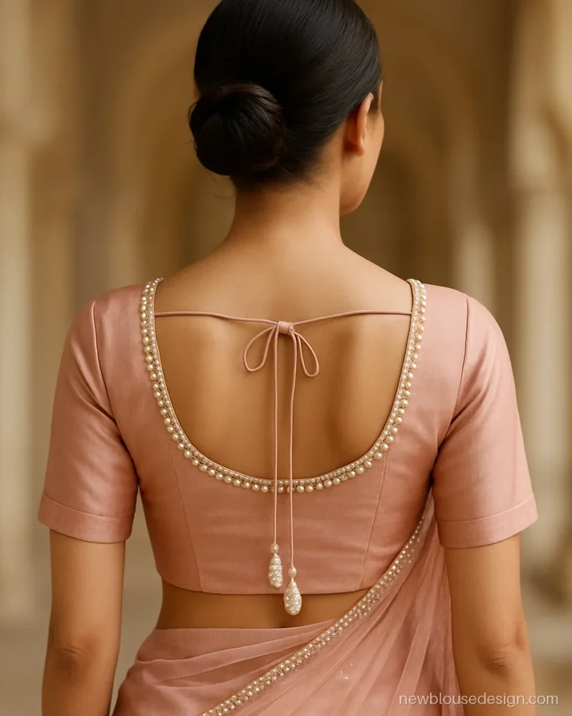 Blush silk blouse with a pearl yoke and matching pearl latkans