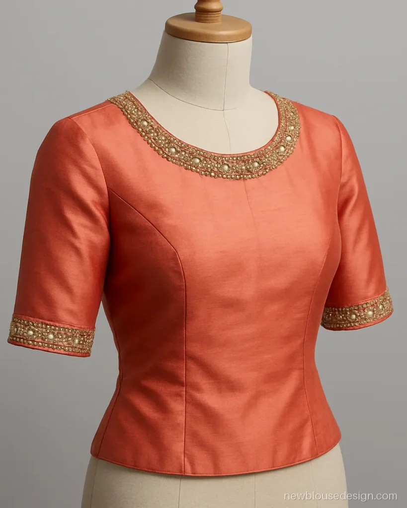 Coral silk boutique blouse design with khatli work on the neck and sleeves