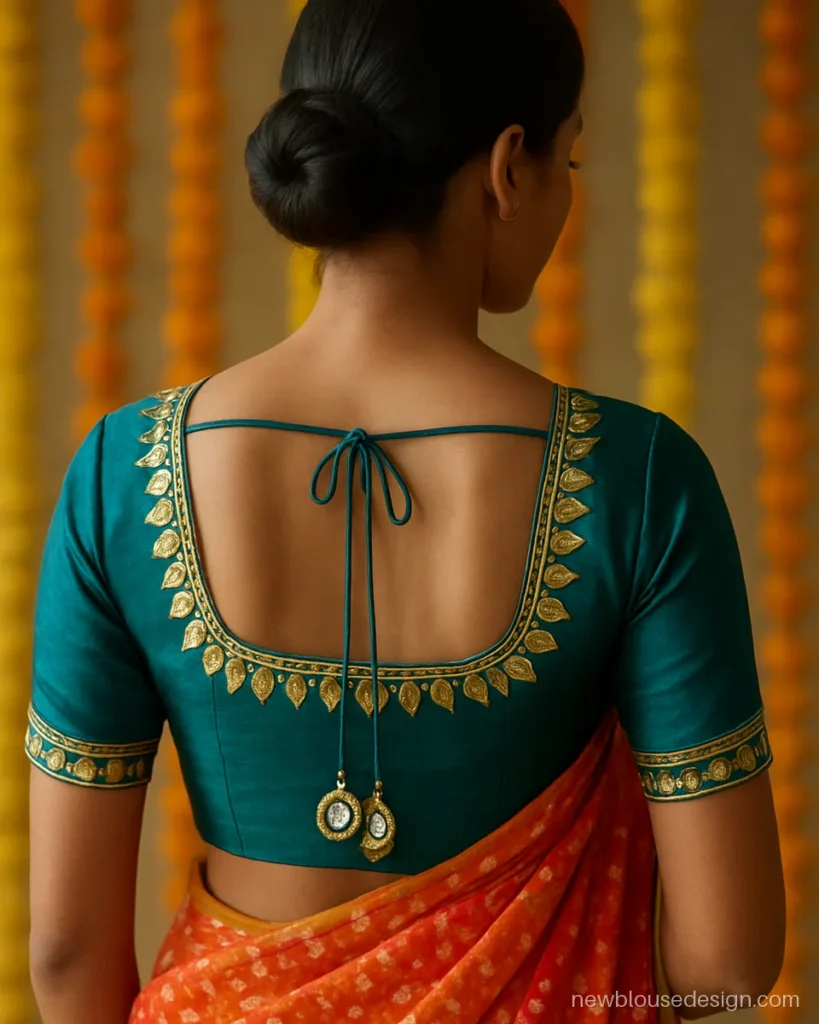 Teal silk blouse with mirror and gota patti work on a square back