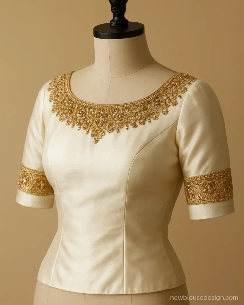 Ivory silk blouse with hand maggam work on the neckline and sleeves