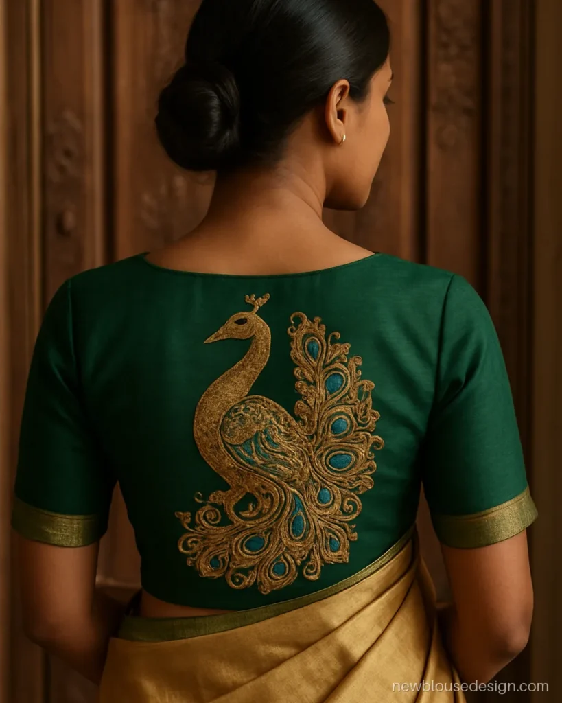 Green raw silk blouse work design with an aari peacock across the back