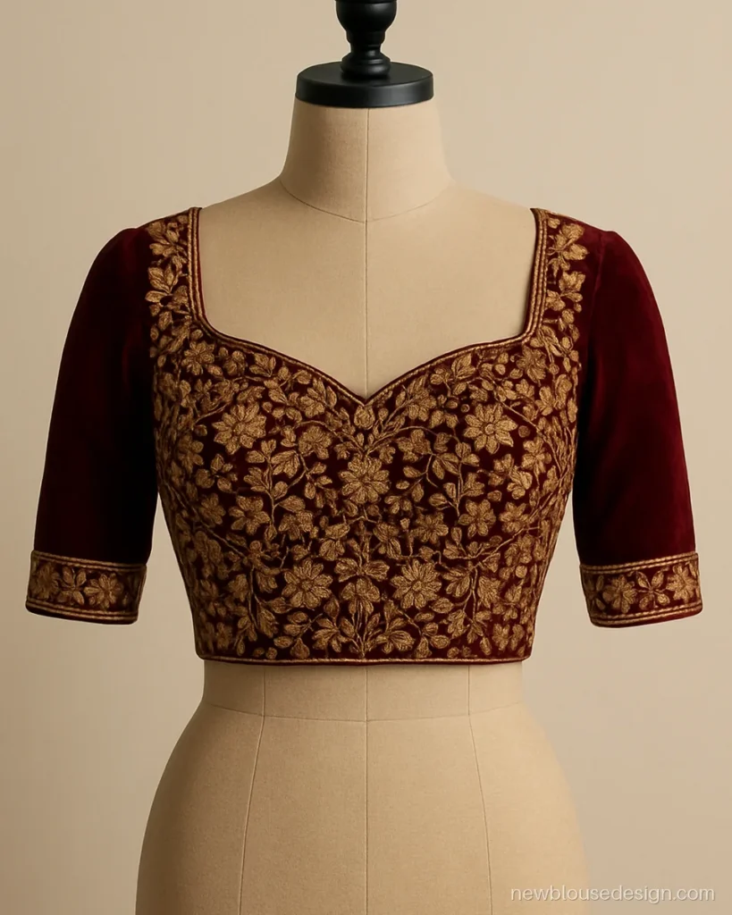 Maroon velvet heavy blouse design with full zardozi work on the front