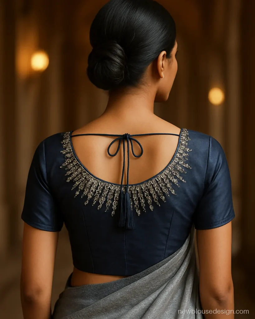 Navy silk heavy saree blouse design with stone and sequin work on the back