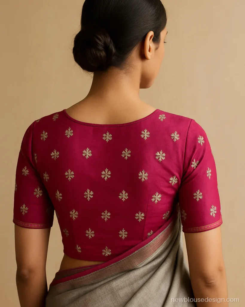 Pink silk blouse with machine computer work flowers on the back