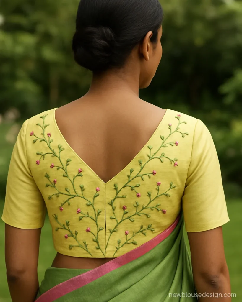 Lemon cotton silk blouse with mixed machine and hand thread work