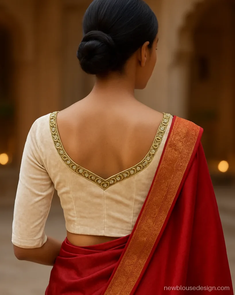 Ivory velvet blouse with kundan work along a sweetheart back