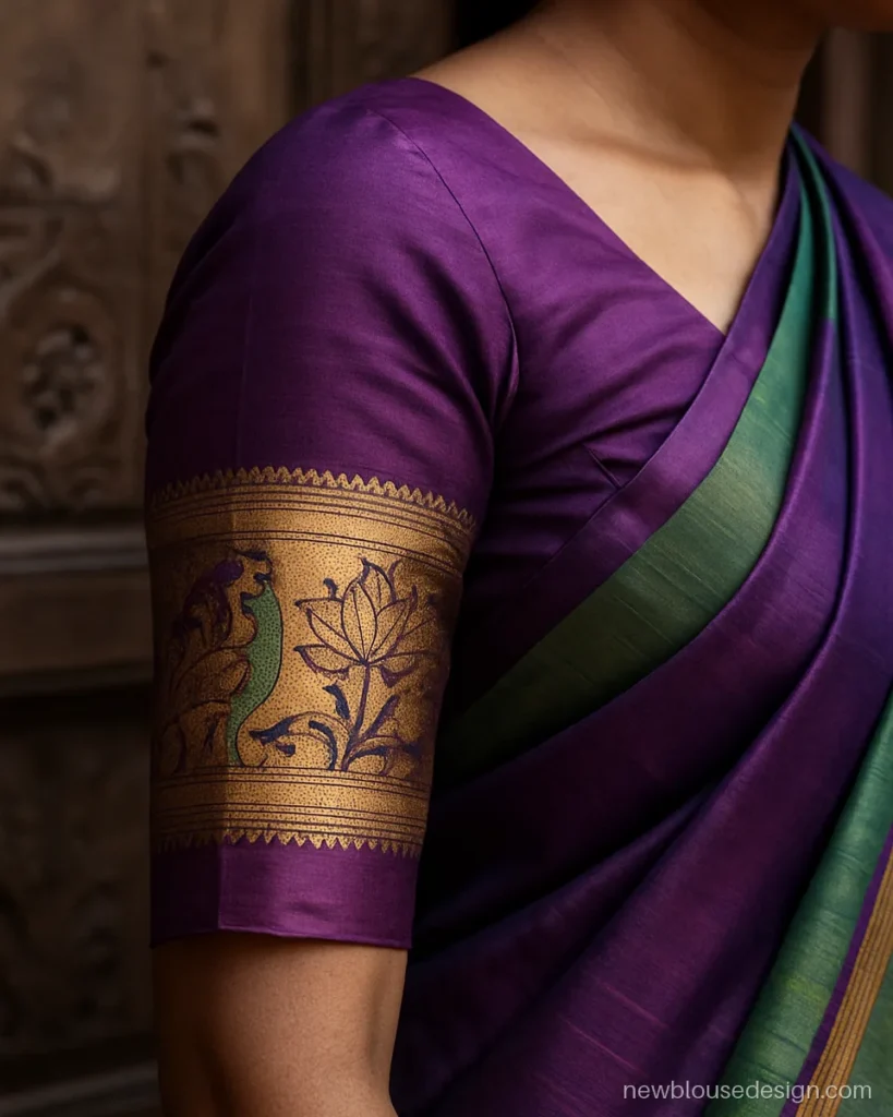 Purple Paithani silk blouse with zari elbow sleeves and peacock border