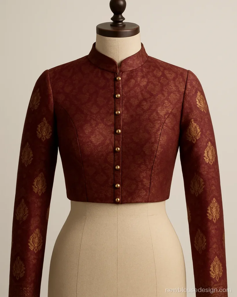 Wine Banarasi brocade royal blouse with a high collar and gold buttons