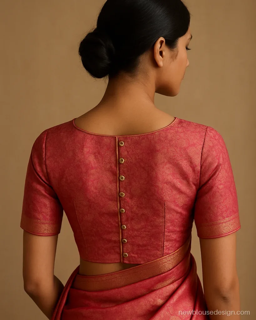 Back hook blouse with decorative buttons and loops in pink brocade