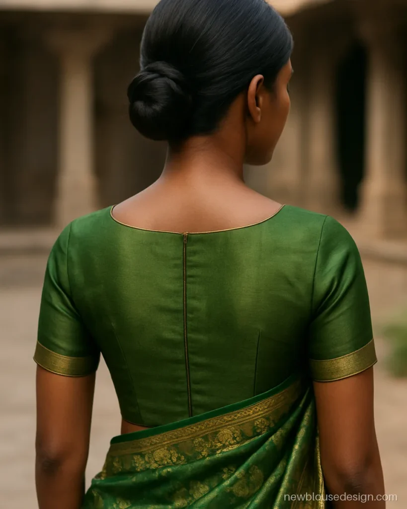 Blouse back hook design in green silk with a neat placket and zari piping