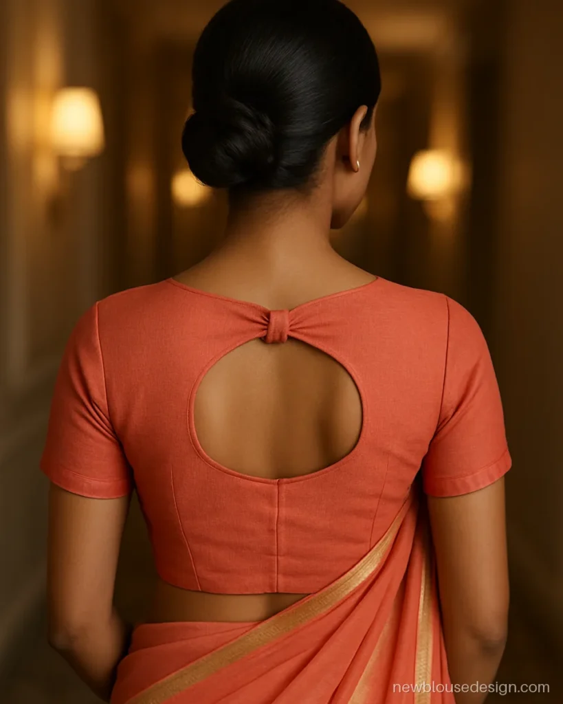 Back knot blouse design in coral crepe with a knot over an open cut-out