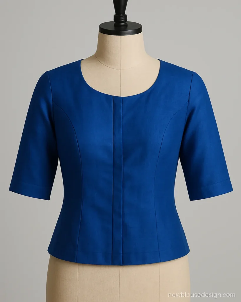 Front hook blouse design in royal blue with princess seams and a round neck