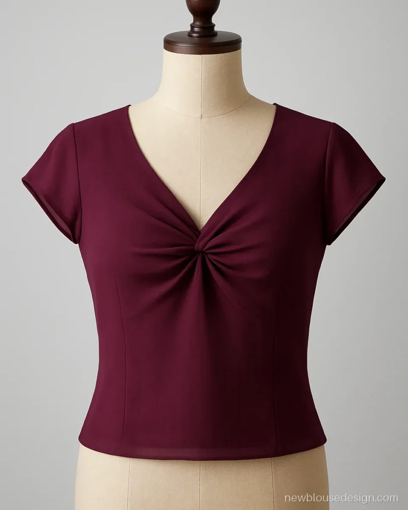 Purple blouse with a simple twist knot at the front neckline