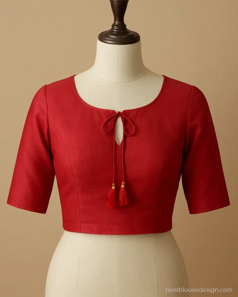 Front neck dori blouse design in red cotton with a keyhole and tassel tie