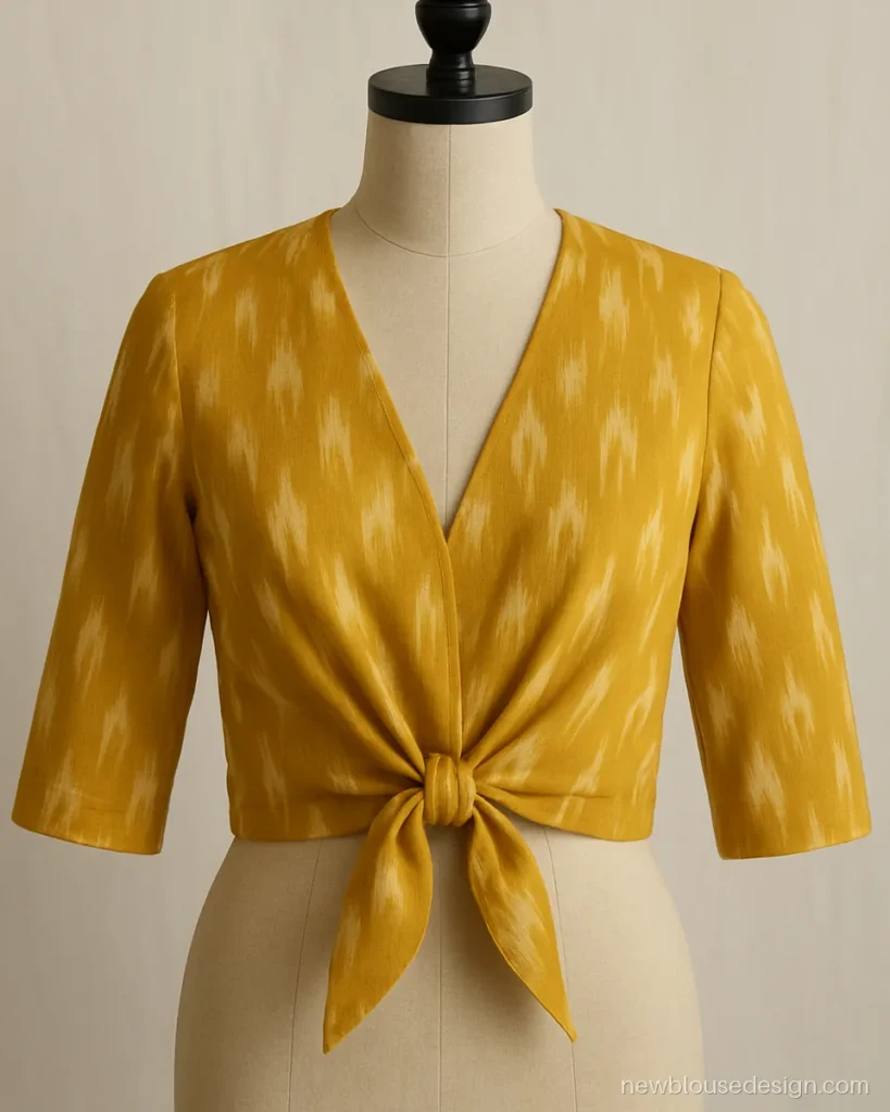 Front tie blouse design in yellow ikat with ties knotted at the waist