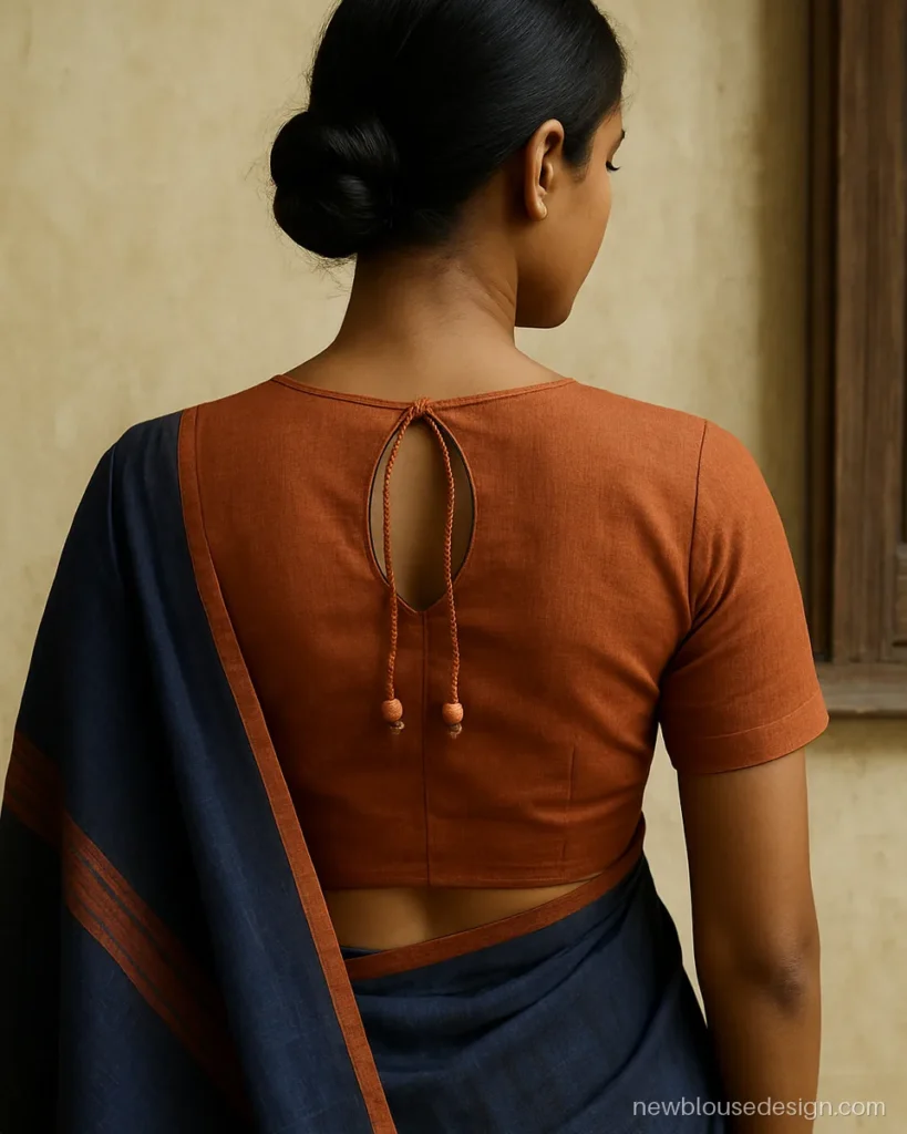 Rust cotton blouse back with a keyhole and thick twisted dori cord