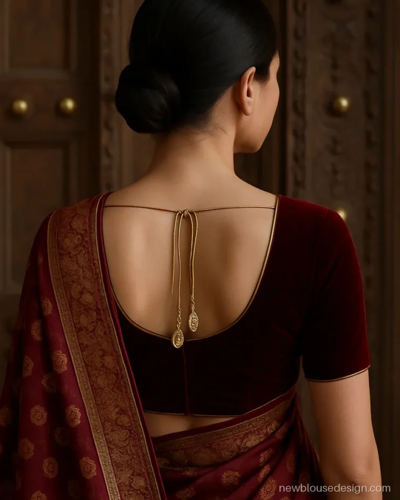 Maroon velvet blouse back with a dori and kundan drop latkans