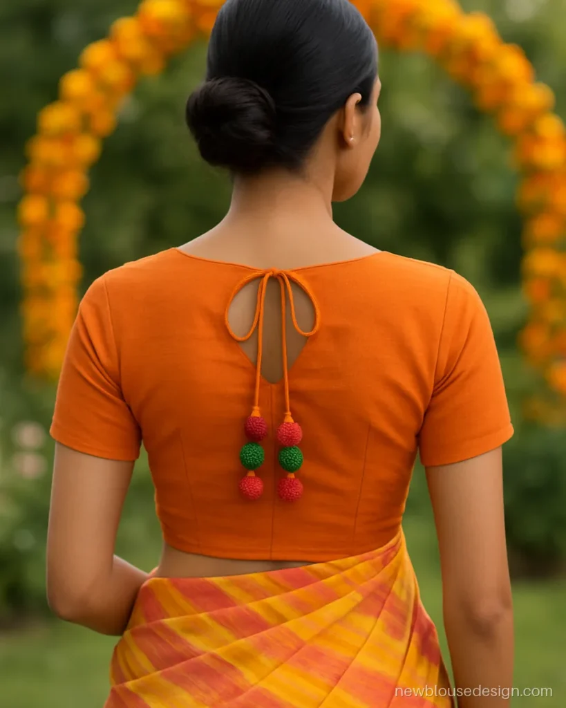Orange blouse back with a dori and woollen pom pom latkans
